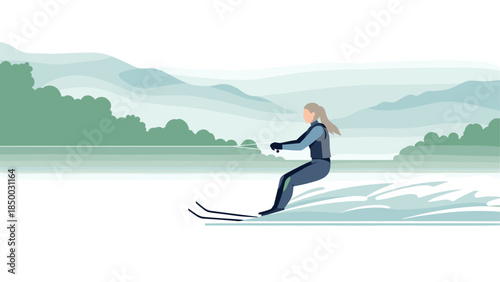 Woman water skiing on lake with mountain view in minimalist style