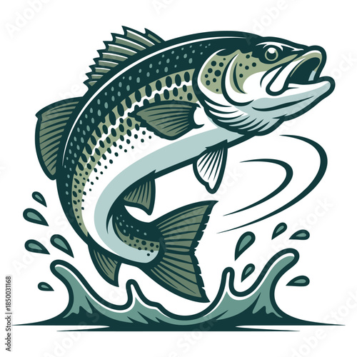 Bass Fish Leaping Illustration from Water Animal Swimming Marine Wildlife Aquatic Nature Fauna, Trout Jumping Catching Freshwater Fishery Sport, Cartoon Mascot