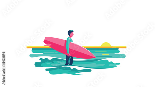 Surfer standing on ocean waves at sunrise in vibrant colors