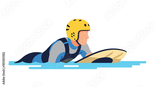 Surf rescue athlete in action with helmet and board in water