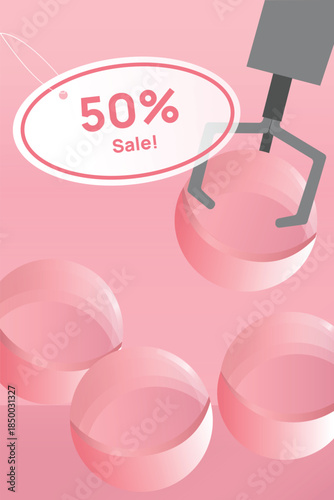Pink Gacha Capsule Sale Vector. Cute Capsule Toy Promotion Background Illustration with copyspace. 