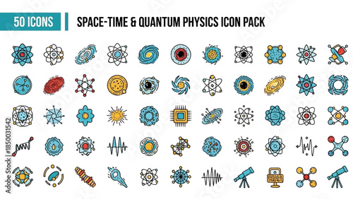 Solid Sleek Vector Icon Pack Space-Time, Quantum Physics, and Astrophysics Concepts for Modern Science and Technology Visuals and UI/UX Design