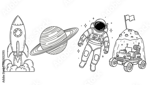 Solid sleek vector line art set of space exploration elements a launching rocket, majestic Saturn, brave astronaut, and adventurous lunar rover