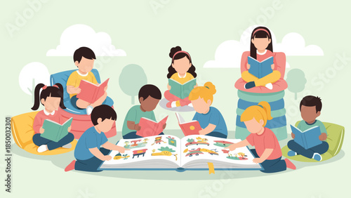 Children and Adults Reading Together.