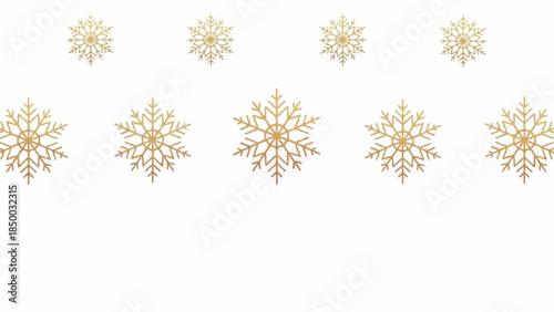 A collection of golden snowflakes arranged horizontally against a white background.