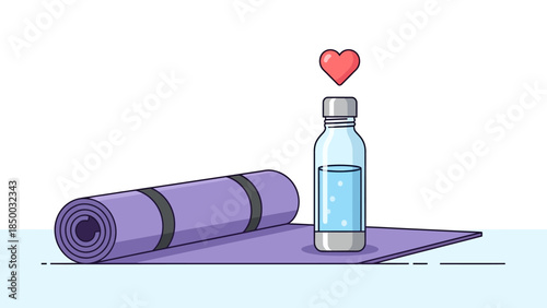 Water Bottle and Yoga Mat Illustration.