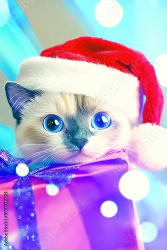 A pretty cute cat in Santa hat on vibrant Christmas background