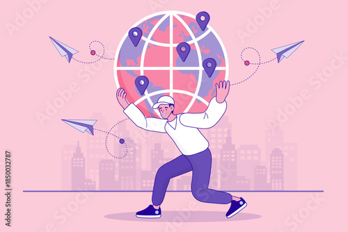 Man carrying large earth globe with location pins representing global business expansion and international network connectivity. A concept of worldwide logistics coverage and strategic branching.