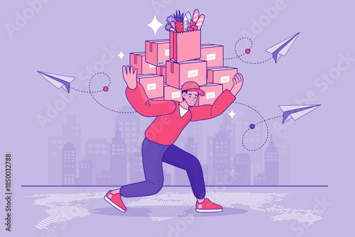 Strong delivery courier carrying massive stack of parcel boxes walking on world map representing global e-commerce logistics and international shipping service capacity.