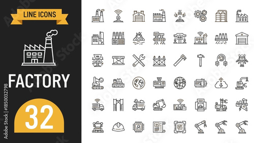 Solid and sleek line icon set illustrating modern factory operations, industrial manufacturing processes, production technology, and various heavy industry elements for digital design