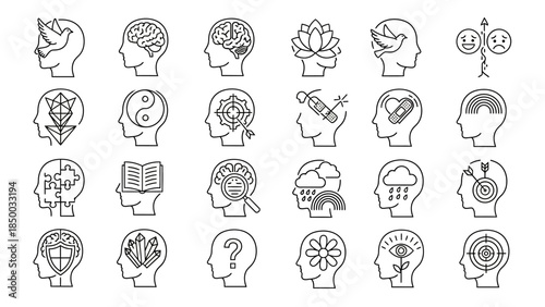 A collection of sleek, modern line art icons representing various aspects of human thought and psychology, ideal for digital and print design