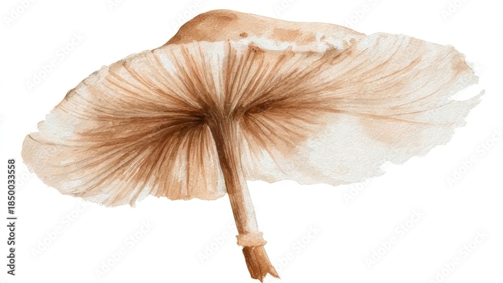 Fototapeta premium Delicate watercolor illustration of a beige-brown mushroom with detailed gills