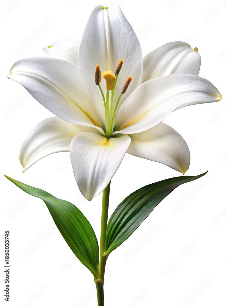 Naklejka premium A pristine, elegantly blooming white Stargazer lily with broad, vibrant green leaves and a central cluster of golden-yellow stamens, stands tall and gracefully, isolated on transparent background.
