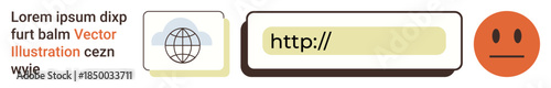 Digital forms, web design, online security, UX elements, user input, internet usability. A web URL field accompanied by a globe icon and neutral emoticon. Web design and online security concept