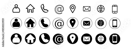 Contact information icon for business card. Containing name, address, map pin, globe, e-mail, location, website, fax, phone call at symbol. Silhouette and outline circle style. Vector illustration