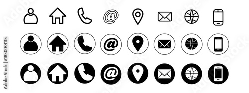  Contact us icon set. Contact icon vector set 2025. Phone, Call, Email, Address, Website, Fax, Mobile, Calendar, Chat icons. Social media icons 2026. 名刺・ビジネスカード用連絡先情報アイコン・マークセット