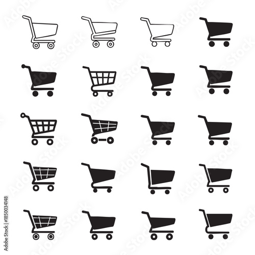 Collection of shopping cart icons in various styles and perspectives