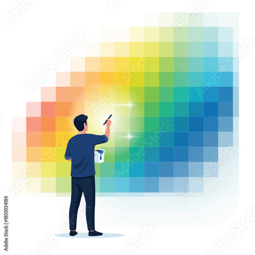 Artist creating vibrant pixel art with stylus on digital canvas in studio environment from behind viewpoint