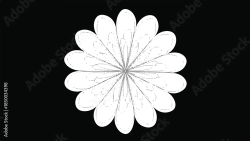 A white flower graphic illustration on a black background viewed from directly above