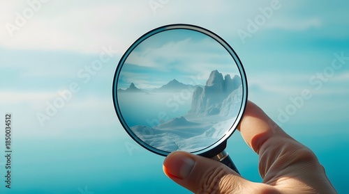 Hand holding magnifying glass focused on a surreal landscape