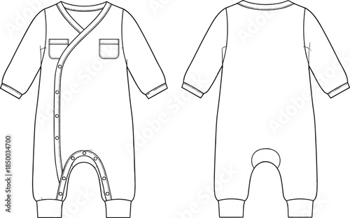 baby romper technical sketch, infant bodysuit flat drawing, vector fashion template, newborn clothing design, garment CAD illustration, apparel blueprint