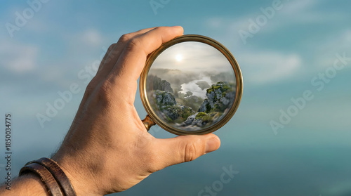 Hand holding a round mirror reflecting a mountain landscape
