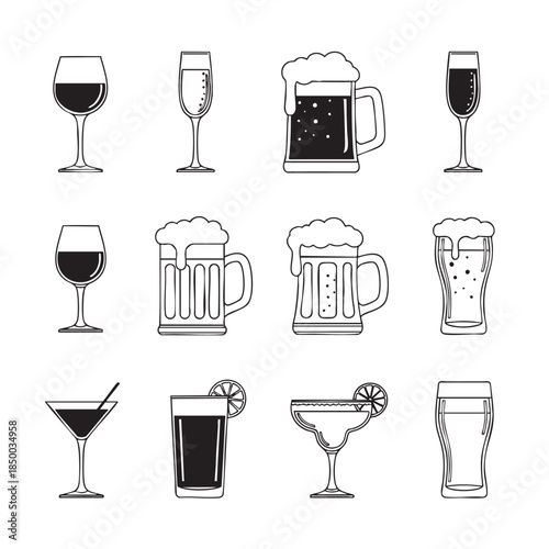 Collection of Various Drink Glasses and Mugs for Celebration and Relaxation