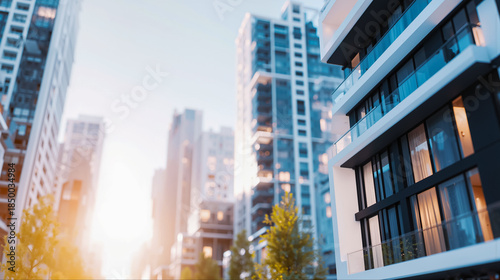夕日の光に照らされたモダンな高層マンションと都会の街並み