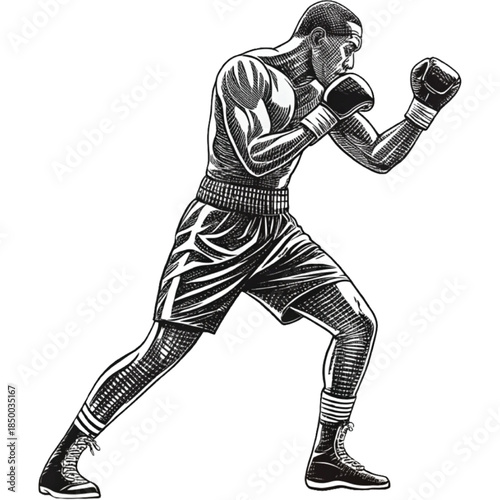 Focused Fury: A powerful boxer, his muscles defined and eyes locked in concentration, stands poised for action in the ring, embodying strength and determination.