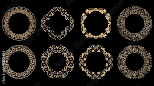 Solid sleek collection of elegant golden ornamental frames and decorative borders, featuring intricate vintage patterns and classic designs, ideal for luxurious invitations
