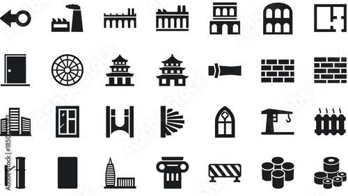 Collection of various building elements and architectural icons, perfect for design projects