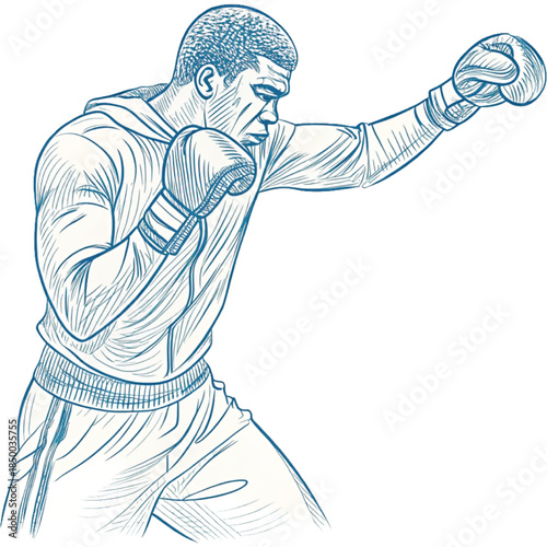 Champion's Jab: A strong boxer, clad in athletic attire and gloves, delivers a powerful jab with focused intensity, embodying the spirit of discipline and determination in a high-stakes arena.