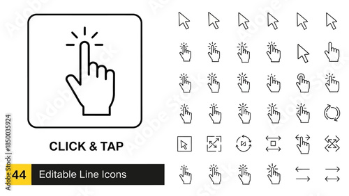 Solid sleek collection of editable line icons depicting various mouse cursors, finger tap gestures, and user interface actions, ideal for web design, app development, 
