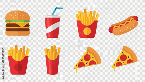 Assorted fast food items including burgers, fries, pizza, and drinks displayed on a transparent background