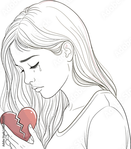 Sad young woman cries while holding a broken red heart in a tender, sketch style illustration