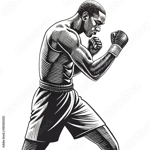 Boxer in Action: A determined boxer, sculpted with strength and focus, stands poised in the ring, gloves ready for combat, embodying the spirit of athletic competition and the art of boxing.
