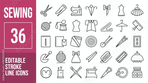 A Comprehensive Collection of 36 Editable Stroke Line Art Icons for Sewing and Crafting Projects