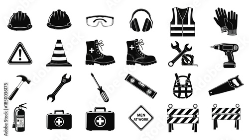 Industrial safety and construction equipment icons for protection and work