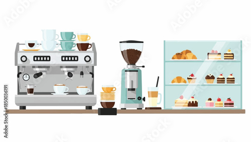 Coffee shop equipment and pastries on display in a modern cafe setting from a front viewpoint