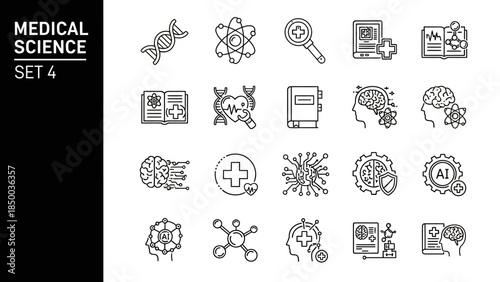 Modern sleek outline vector icons depicting core concepts in medical science, biological research, healthcare innovation, and technology. Essential symbols for digital design