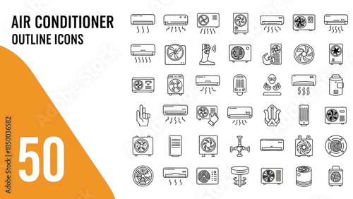 Collection of 50 Air Conditioner Outline Icons for Digital and Print Use