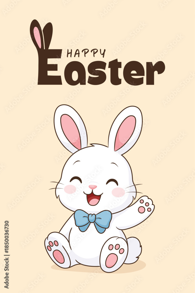 Fototapeta premium Happy Easter greeting card. Easter bunny waves his paw and smiles. 