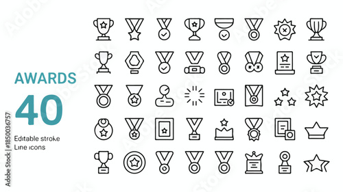 A diverse collection of 40 elegant minimalist line art icons symbolizing awards, trophies, medals, and achievement for various recognition events