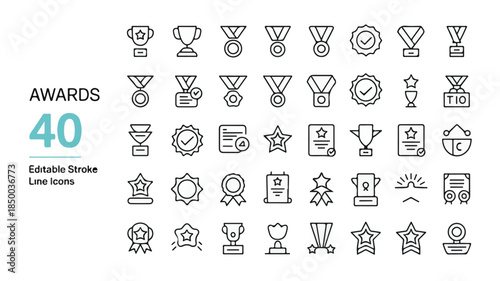 40 Minimalist Line Art Icons Awards, Trophies, Medals. Editable Strokes for Achievement & Recognition in Digital Design