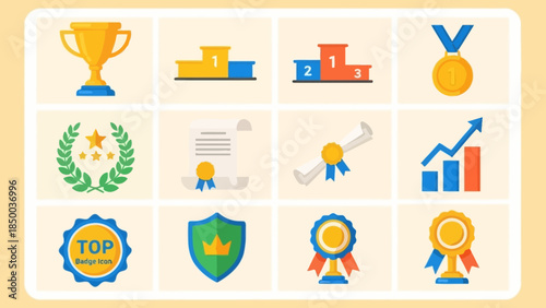 Comprehensive set of sleek flat design icons representing achievement, success, victory, awards, rewards, and recognition in business, sports, and academic contexts
