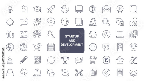 A collection of 40 minimalist line art icons representing startup and development concepts, finance, and business growth