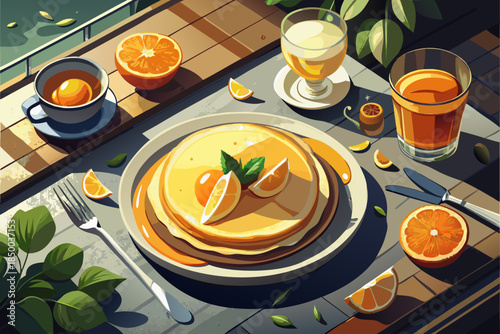 Homemade Crepe Suzette with orange liqueur and fresh orange slices, offering a classic French dessert, beautiful citrus flavors, delicious sweet treats.