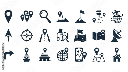 Comprehensive collection of solid sleek map and navigation vector icons for travel, discovery, and digital mapping interfaces