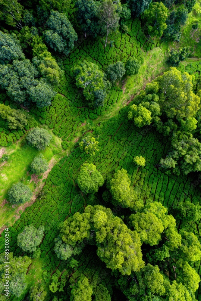 Fototapeta premium Lush green tea plantation aerial view with dense trees and pathways