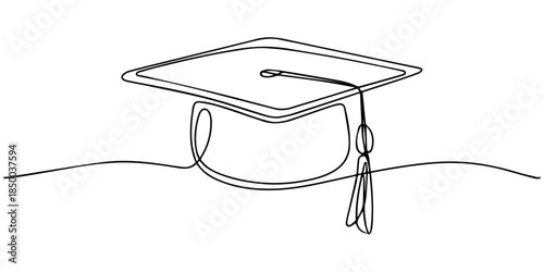 graduation cap continuous one line drawing, Continuous line drawing of a graduation cap and diploma.one line illustration symbolizing academic achievement, education, commencement, success, and a mile